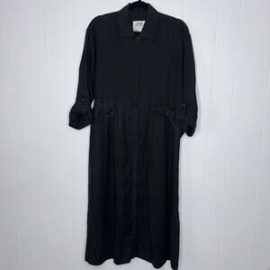 FLAX Women’s 100% Linen Black Snap Button Maxi Shirt Dress Lagenlook Size Small